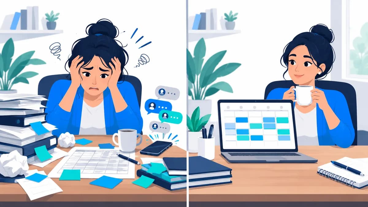 On the left, a desk buried in sticky notes, a paper timetable and a buzzing phone; on the right, the same week laid out calmly in one schedule.